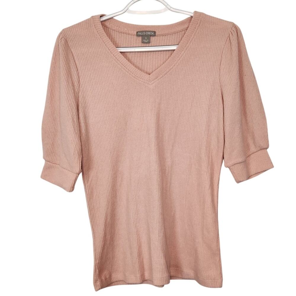 NWT Falls Creek Dusty Rose Ribbed Puff Sleeve Knit CottagecoreT-Shirt Women's S
